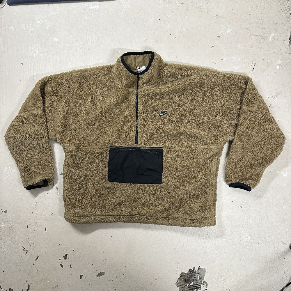 Nike Club Anorak Sherpa Sweater Men's L Oversized Brown Half Zip DQ4880-258